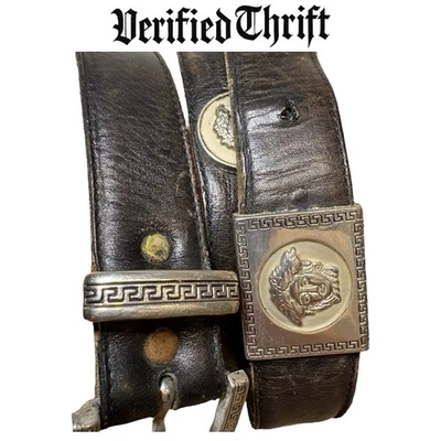 Cinturón de Cuero Gianni Versace Medusa Dorado Plata Talla 30-32 Negro Años 90 De Colección Foto 1 de 4