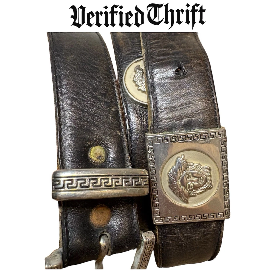 Cinturón de Cuero Gianni Versace Medusa Dorado Plata Talla 30-32 Negro Años 90 De Colección Foto 1 de 4