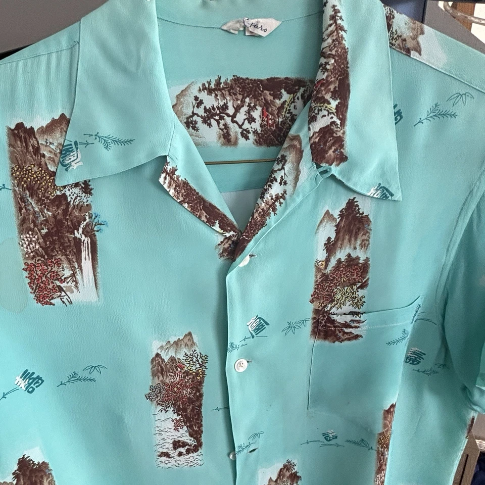 Vintage 1940s Japan Rayon Aloha Hawaiian Scenic Shirt Asian Loop Collar XL - Image 1 of 4