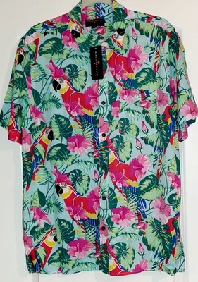 Camisa de Vestir Margaritaville Para Hombres Rosa Loro Hibisco Tropical Abotonada M Nueva con Etiquetas Foto 1 de 4
