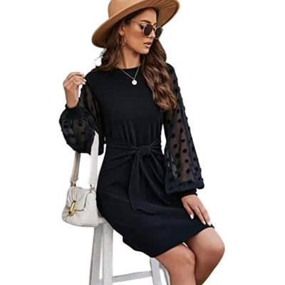 NUEVO CON ETIQUETAS BMJL Vestido Midi Negro Acanalado Manga Punto Transparente Corbata Cintura XL HERMOSO 😍 Foto 1 de 4