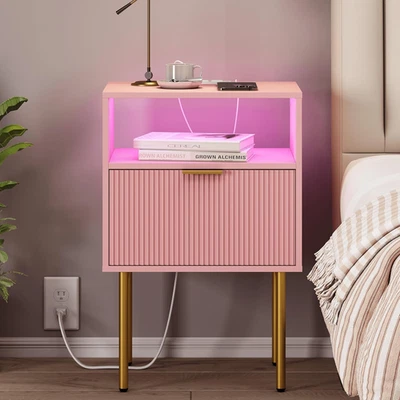 Современная тумбочка с зарядной станцией и светодиодной подсветкой, белый прикроватный столик с - Изображение 1 из 4