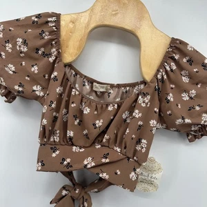 Altard State Women's Floral Crop Top Blouse Tie Back Puff Sleeve Brown Small - Picture 1 of 6