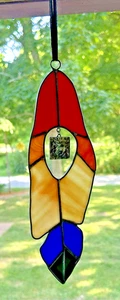 Stained glass feather suncatcher ~ Southwest Vibe w Horse Medallion - Picture 1 of 2
