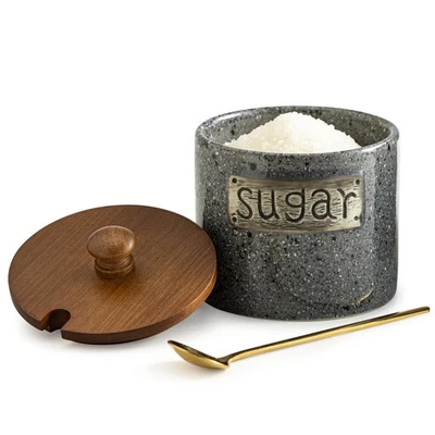 15盎司灰色陶瓷糖碗带木盖和不锈钢勺子罐 — 第 1/4 张图片