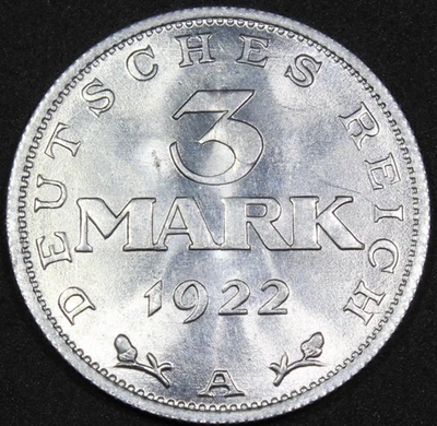 1922-A Germany 3 Mark Aluminum | Uncirculated | KM-29 | Free Shipping - Image 1 of 4