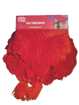 Lot of 2 2Pk Lace Doilies and 2 Lace Table Runners 13''x48'' Red Holiday Style - Image 1 of 4