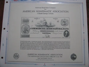 SO41 ABNC Souvenir Card $3 Commercial Bank 1848 Galveston TX ANA MW 1985 - Picture 1 of 1