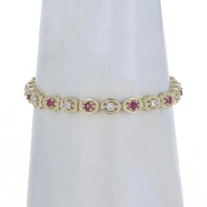 Yellow Gold Ruby & Diamond Tennis Link Bracelet 6 1/4" -14k Rnd 2.02ctw Milgrain - Picture 1 of 9