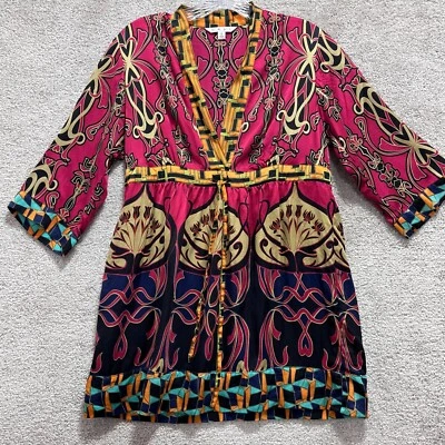 Top túnica pequeña multicolor manga larga cuello en V 100 % seda CAbi Chelsea Erte para mujer Foto 1 de 4