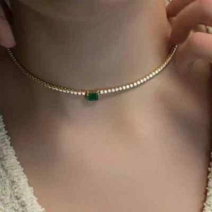 7Ct Emerald Simulated Emerald Tennis Choker 16" Necklace 14k Yellow Gold Plated - Picture 1 of 3