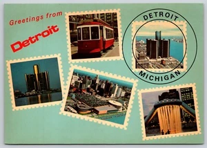 Postcard Greetings from Detroit Multiview Detroit Michigan Stamps - Picture 1 of 2