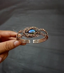 Labradorite Bangle Copper Wire Wrapped Adjustable Cuff Bracelet Birthday Gift - Picture 1 of 8