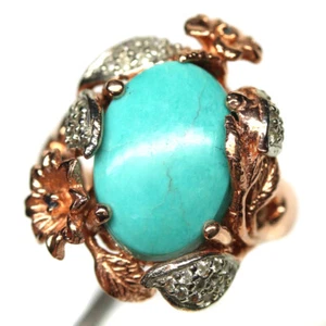 925 Silver 10 x 15 mm. Blue Turquoise & White Zircon Jewelry Ring Size 6.75 - Picture 1 of 4