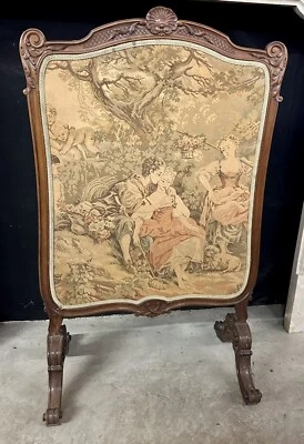 Antiguo tapiz francés rural pareja para fumar jardín pantalla de fuego alrededor de 1870 Foto 1 de 4