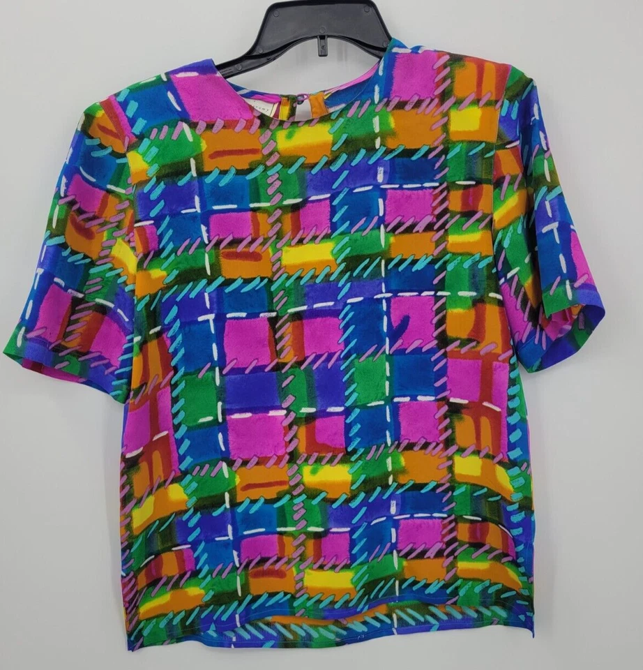 Top vintage Spencer Jeremy para mujer 8 coloridas almohadillas de hombro abstractas de seda popover Foto 1 de 4