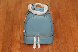NWT Michael Kors Rhea Zip Leather Backpack Handbag Sky Blue /Silver - Picture 1 of 6