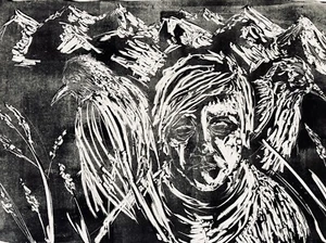 Enigmatic Figure Birds & Mountains 26" Moody Human Face Evocative Portrait Art - Picture 1 of 4