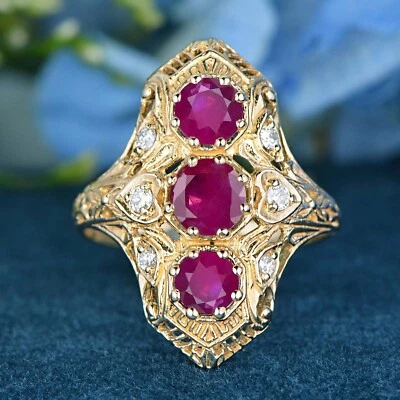 9K Yellow Gold Natural Ruby and Diamond Vintage Style Three Stones Ring - Image 1 of 4
