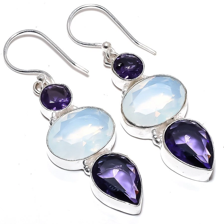 Pendiente de joyería de moda de plata con piedras preciosas de amatista y opalita lechosa 2,2" Foto 1 de 1