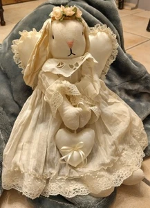 Vtg Victorian Easter Bunny Decor Angel Figure Soft plush wings Heart - Picture 1 of 6