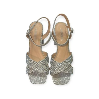 Correa de tobillo plateada SODA punta abierta grueso tacón bloque correas cruzadas talla 7 Foto 1 de 4