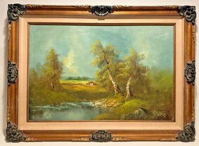 Large Vintage Oil on Canvas Painting Landscape Cabin Framed 44" x 32" READ - Image 1 of 4