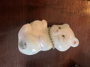 FENTON Opalescent Pearl Hand Painted Teddy Bear Aqua Blue Rhinestone Collar - Picture 1 of 1