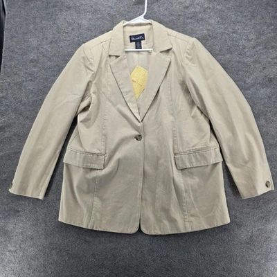 Denim & Co Blazer Womens Large Beige Khaki Cotton One Button Lined QVC Style - Image 1 of 4
