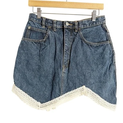 Jordache Blue Asymmetric Lace Hem Blue Denim Jean Mini Skirt Size 28 - Image 1 of 4