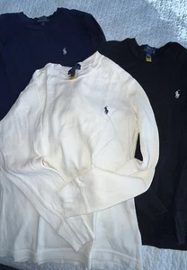 3 Polo Ralph Lauren Boys M 10-12 Navy Black Ivory Ribbed 100%Cot LongSlv T-shirt - Picture 1 of 21