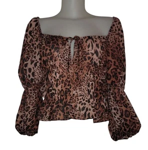Women's Brown Leopard Print Babydoll Coquette Dollette Cottagecore Top Sz S - Picture 1 of 3
