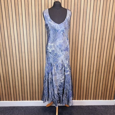 Per Una Evening Dress Long Silver Blue Satin Stretch UK 12 Fit Flare — 第 1/4 张图片
