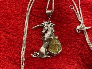 Anhänger Sterlingsilber Retro 2,5 kt geschnitzter Blatt Turmalin Sterlingsilber Einhorn 18 Zoll - Bild 1 von 9