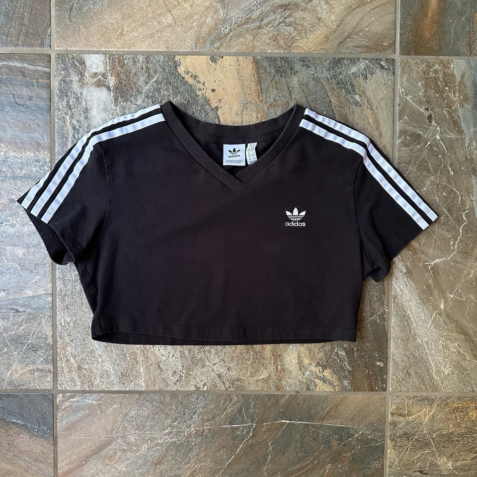 Adidas Cropped T-Shirt Women's Size Medium Black with 3 Stripes - Image 1 of 4
