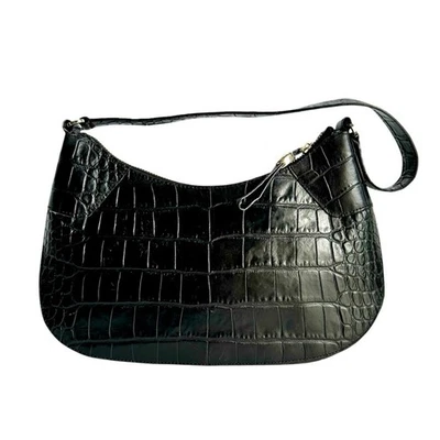 Bolso de hombro vintage Y2K Monsac de cuero italiano negro en relieve sin usar, en caja cocodrilo Foto 1 de 4