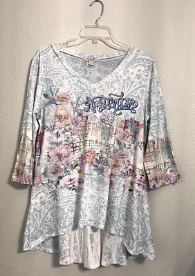 Women's Top L Paisley Boho Bling 3/4 Sleeve High Low Hem Floral Amsterdam Shirt - Image 1 of 4