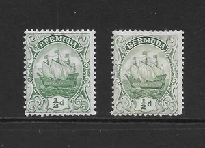 BERMUDA SCOTT 41 MH FINE x 2 - 1910 1/2p YELLOW GREEN ISSUE - CARAVEL - Bild 1 von 2
