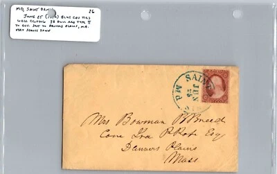 US 1850s Scott #26 Blue CDS Postmark Saint Denis, MD SCARCE to Danvers Plains MA - Image 1 of 2