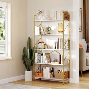 5 Tier Bookshelf Modern Gold Bookcase Storage Rack Shelves Book Rack Home Office - Picture 1 of 9