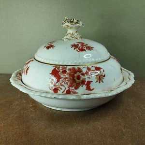 Antique c.1820, Coalport Tureen or Serving Dish, Red & Gilt Decoration A/F - Picture 1 of 14