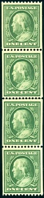 1910 1¢ GREEN VERTICAL COIL #385 LINE STRIP OF 4 VF NH BROOKMAN CAT $1720 - Image 1 of 2