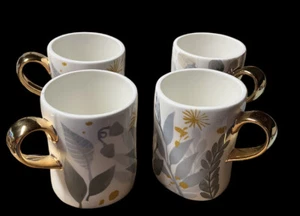 PIER 1 SET OF 4 COFFEE MUGS 12 Oz LEAF DESIGN GOLD HANDLES - Picture 1 of 5