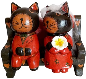 Cats, Wooden, Hand Carved and Painted, Wedding Pose, 5 by 4.5 Inches - Picture 1 of 1