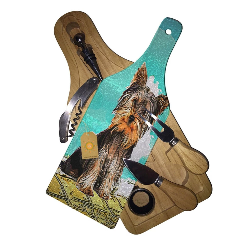 Wine & Cheese Glass Cutting Board Gift Set - Adorable Yorkshire Terrier Puppy - Image 1 of 1