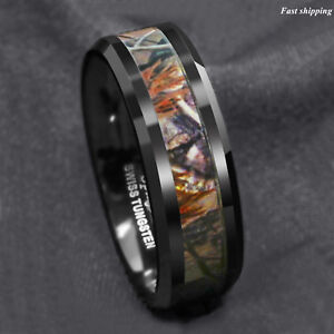 Black Tungsten Men's Red Forest Camouflage Camo Hunting ATOP Band Ring Size 6-13