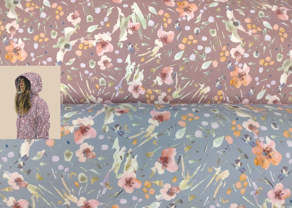 Softshell Flowers Jackenstoff Outdoor Stoff wasserabweisend blau/malve 50 cm - Bild 1 von 1