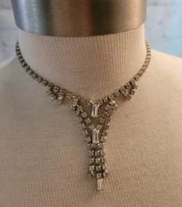 Vintage Rhinestone Necklace Clear Silvertone 15" Hook Closure - Picture 1 of 5
