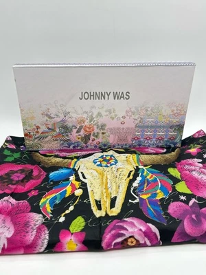 JOHNNY WAS NEGRO Y ROSA Mujer Nerissa 100% Seda Floral Longhorn Calavera Bufanda Foto 1 de 4