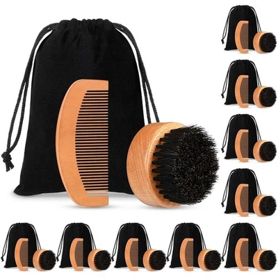 10 Juegos Kit de Acicalamiento de Barba para Hombres Cepillo de Cerdas de Jabalí Natural Madera de Pera Doble... Foto 1 de 4